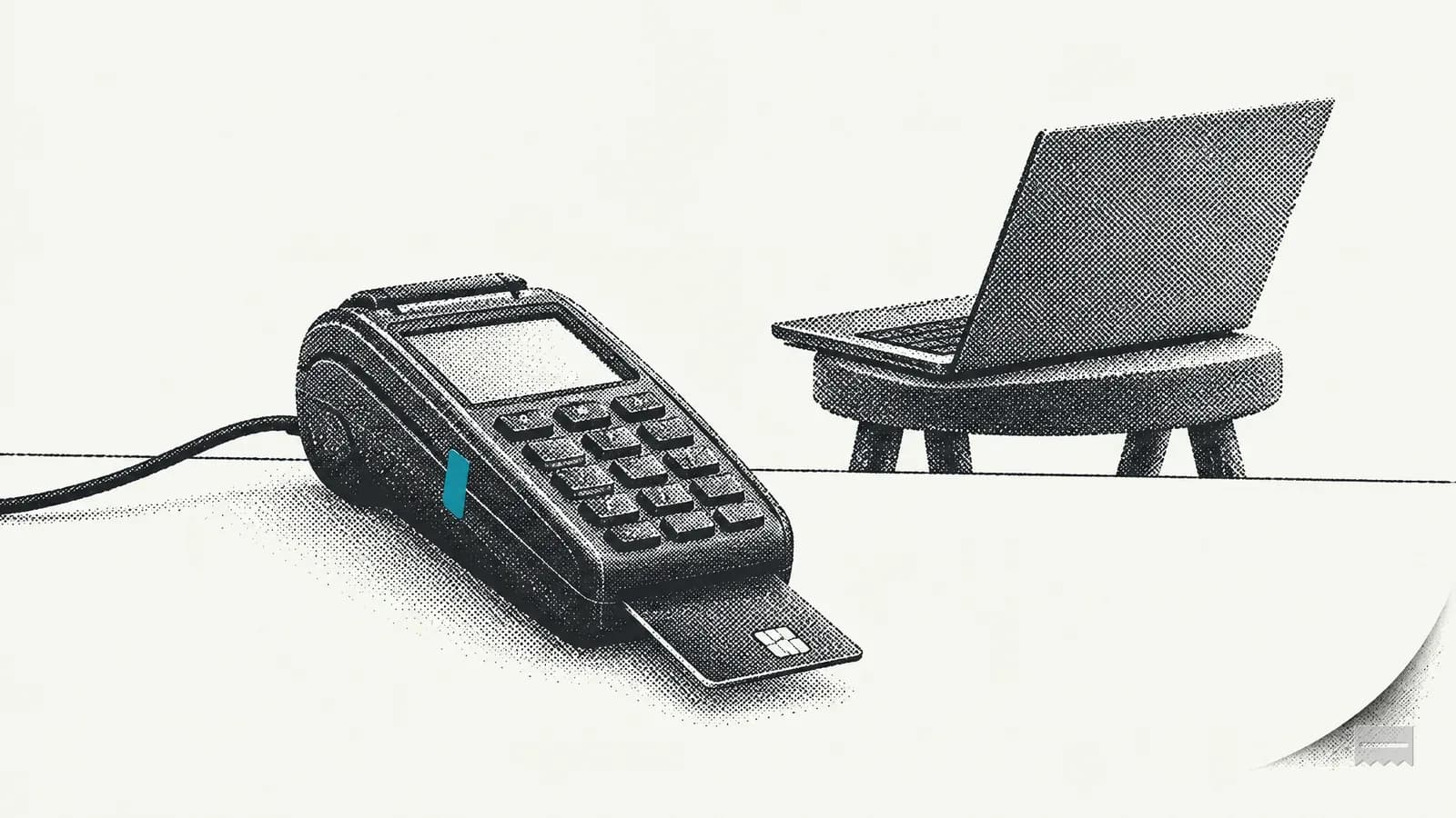 Dithered print of a repair shop counter with a card terminal and a laptop behind it