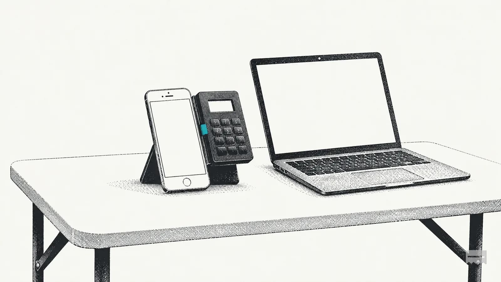 Dithered print of a folding market table with a phone card reader on a stand and a laptop with a blank screen