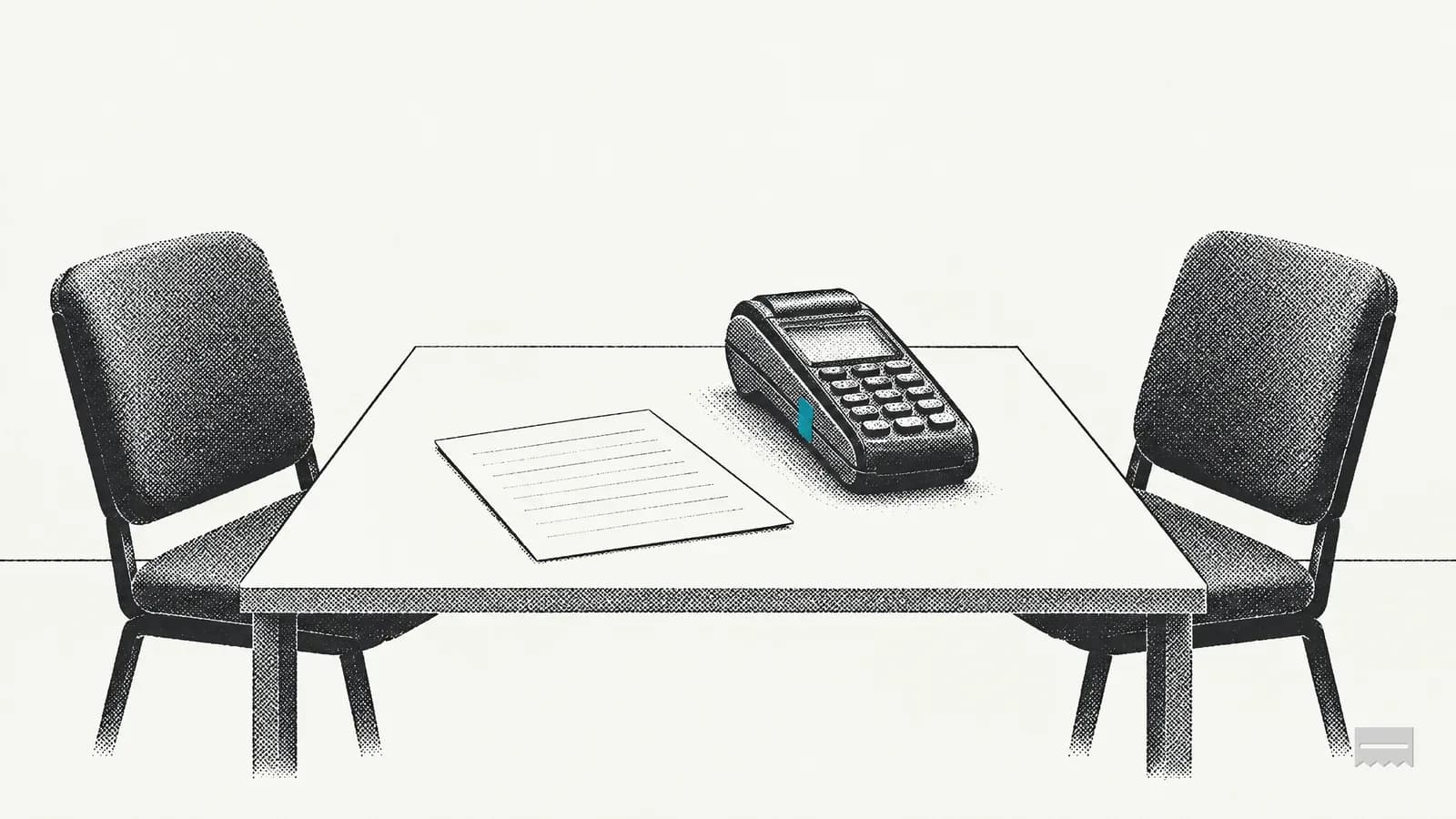 Dithered print of two empty chairs at a table with a blank sheet and a card terminal