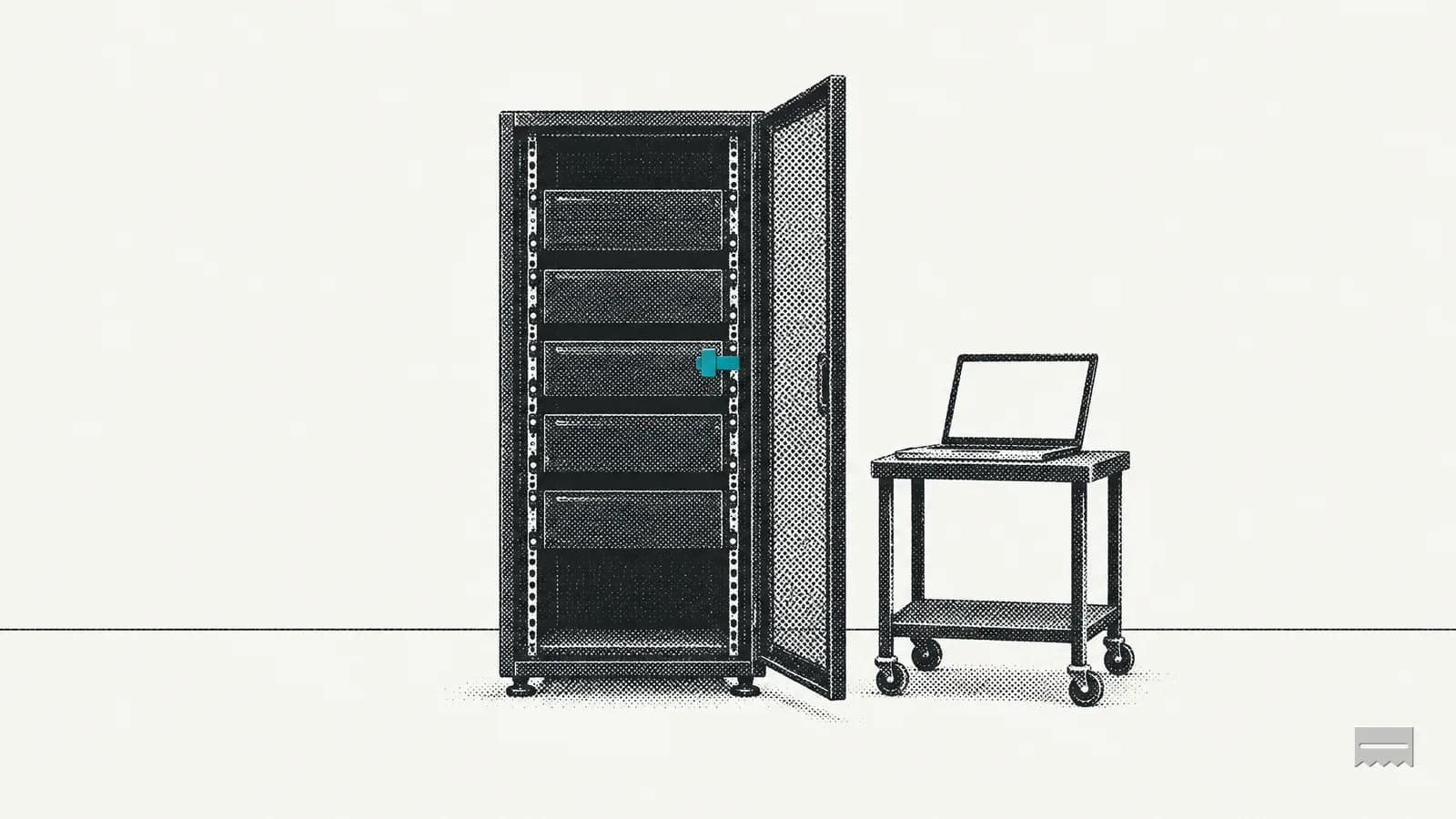 Dithered print of an open server rack with one sealed server unit and a laptop on a cart beside it
