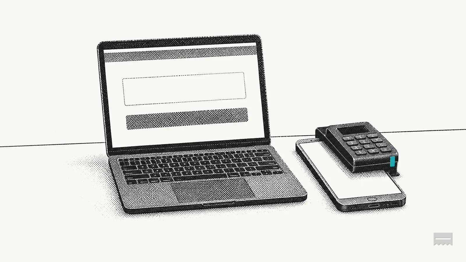 Dithered print of a laptop with a blank checkout form and a phone card reader on a counter