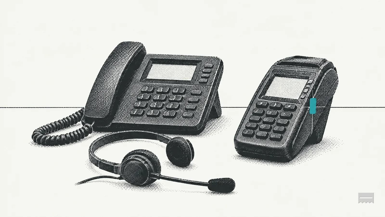 Dithered print of a desk phone and headset beside a card terminal