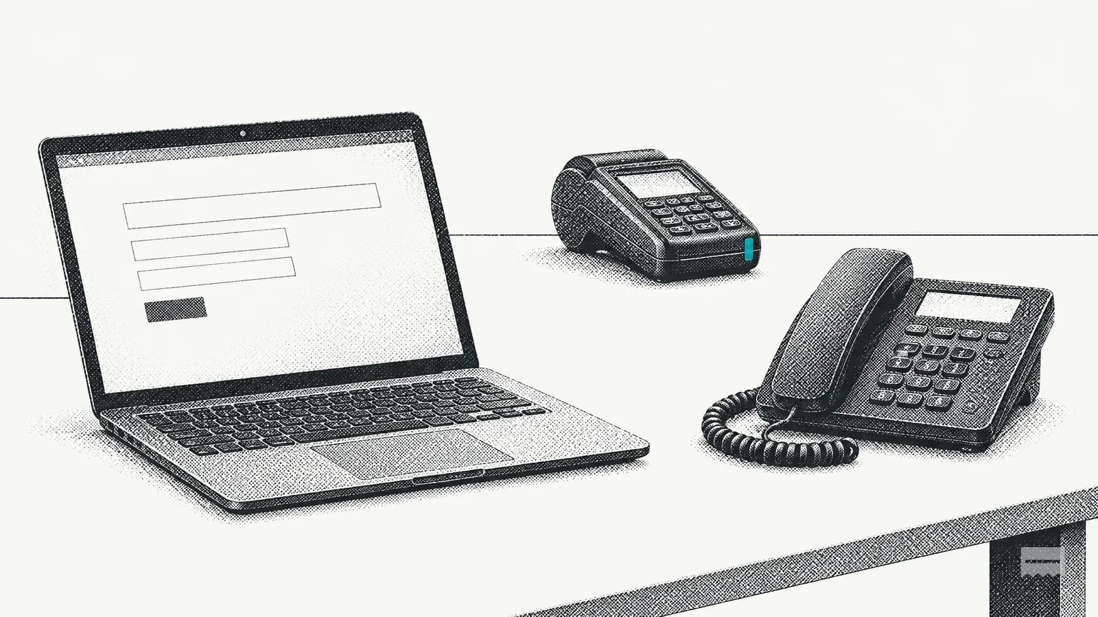 Dithered print of a laptop with a blank entry form and a desk phone on an office desk