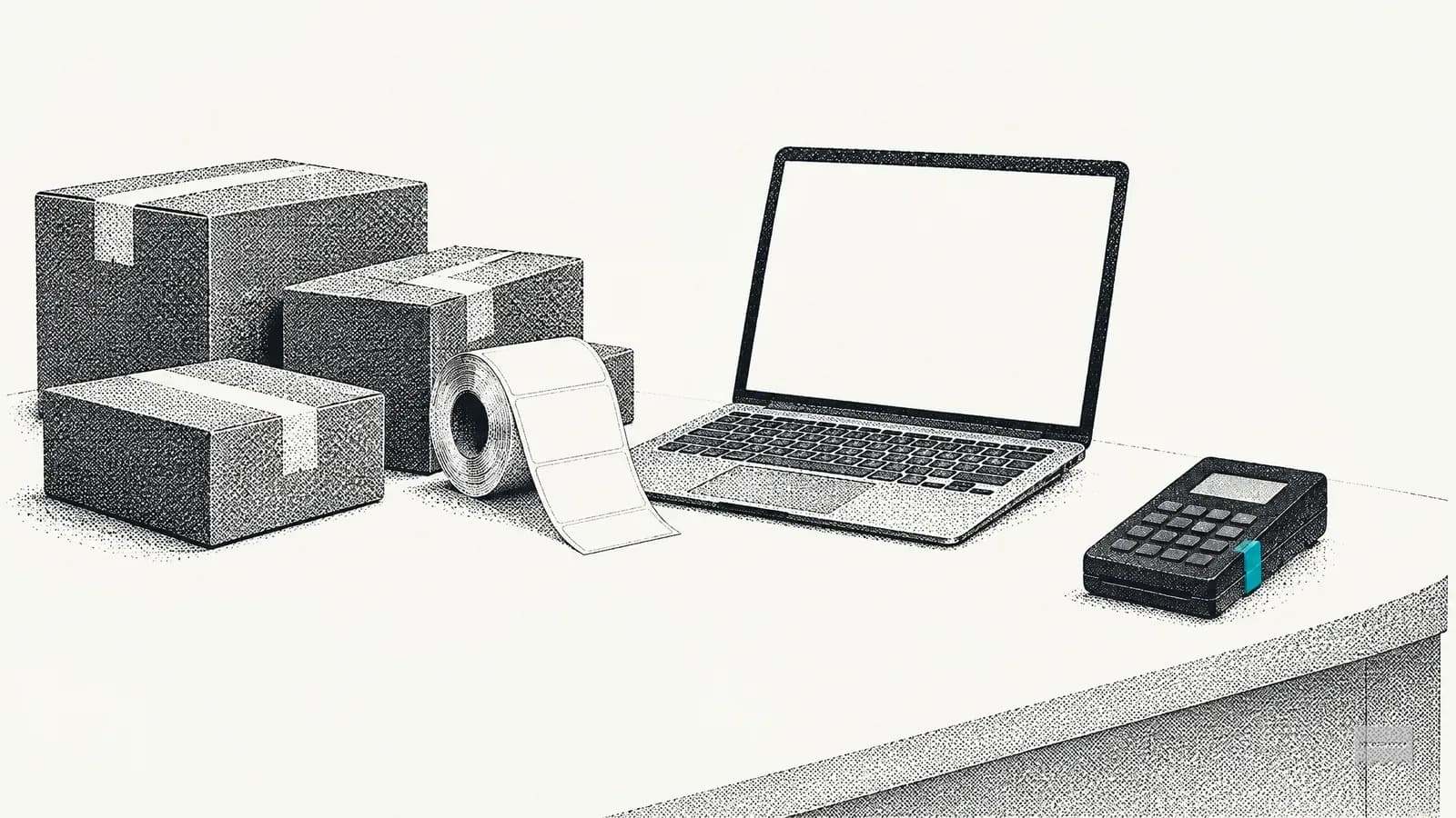 Dithered print of a packing bench with parcel boxes and a laptop showing a blank storefront