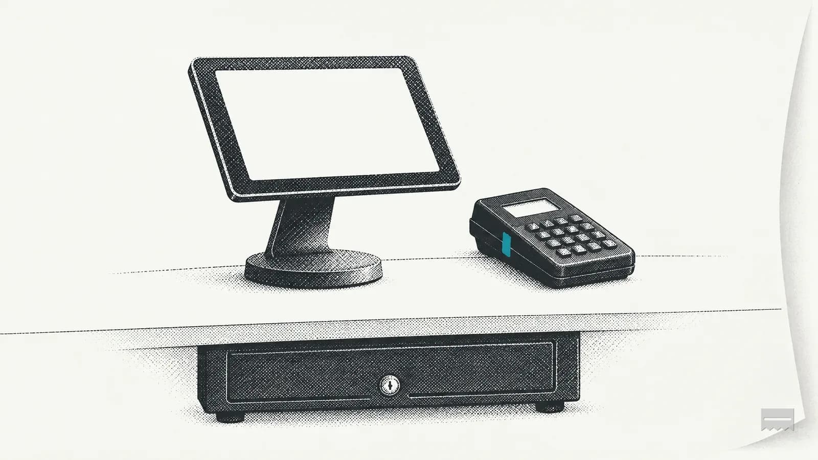 Dithered print of a tablet on a swivel stand and a small card reader on a counter, with a cash drawer below