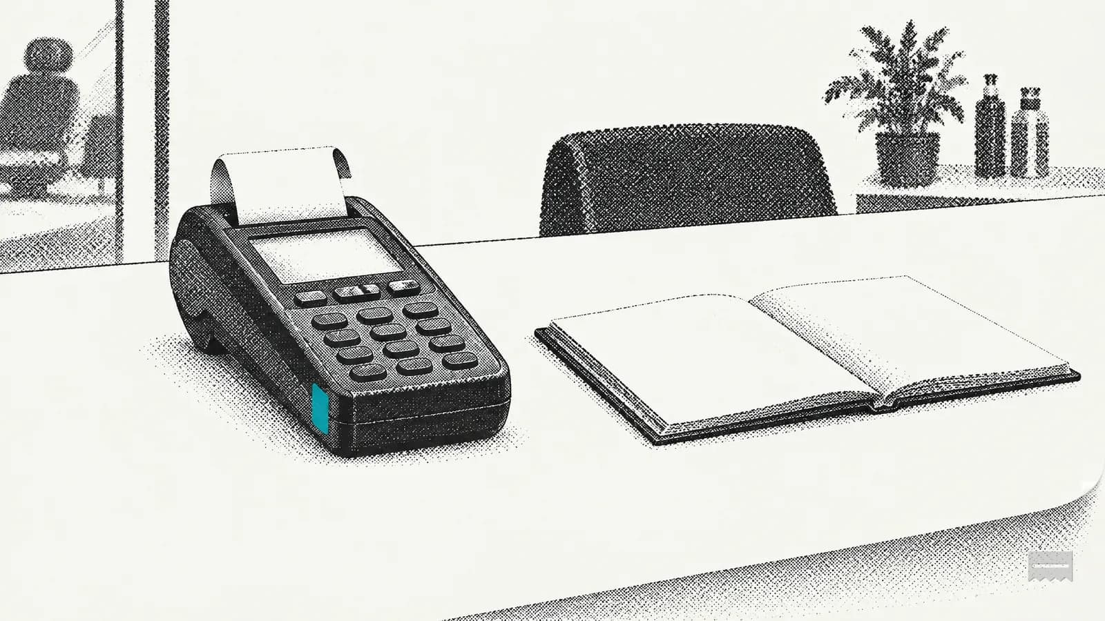Dithered print of a salon front desk with a card terminal and an open blank appointment book