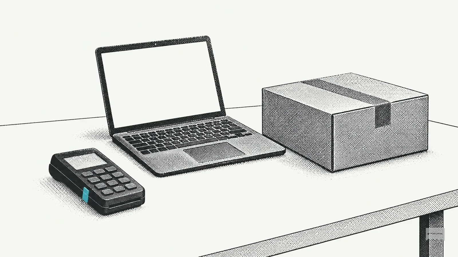 Dithered print of a laptop with a blank checkout page beside a parcel on a packing table