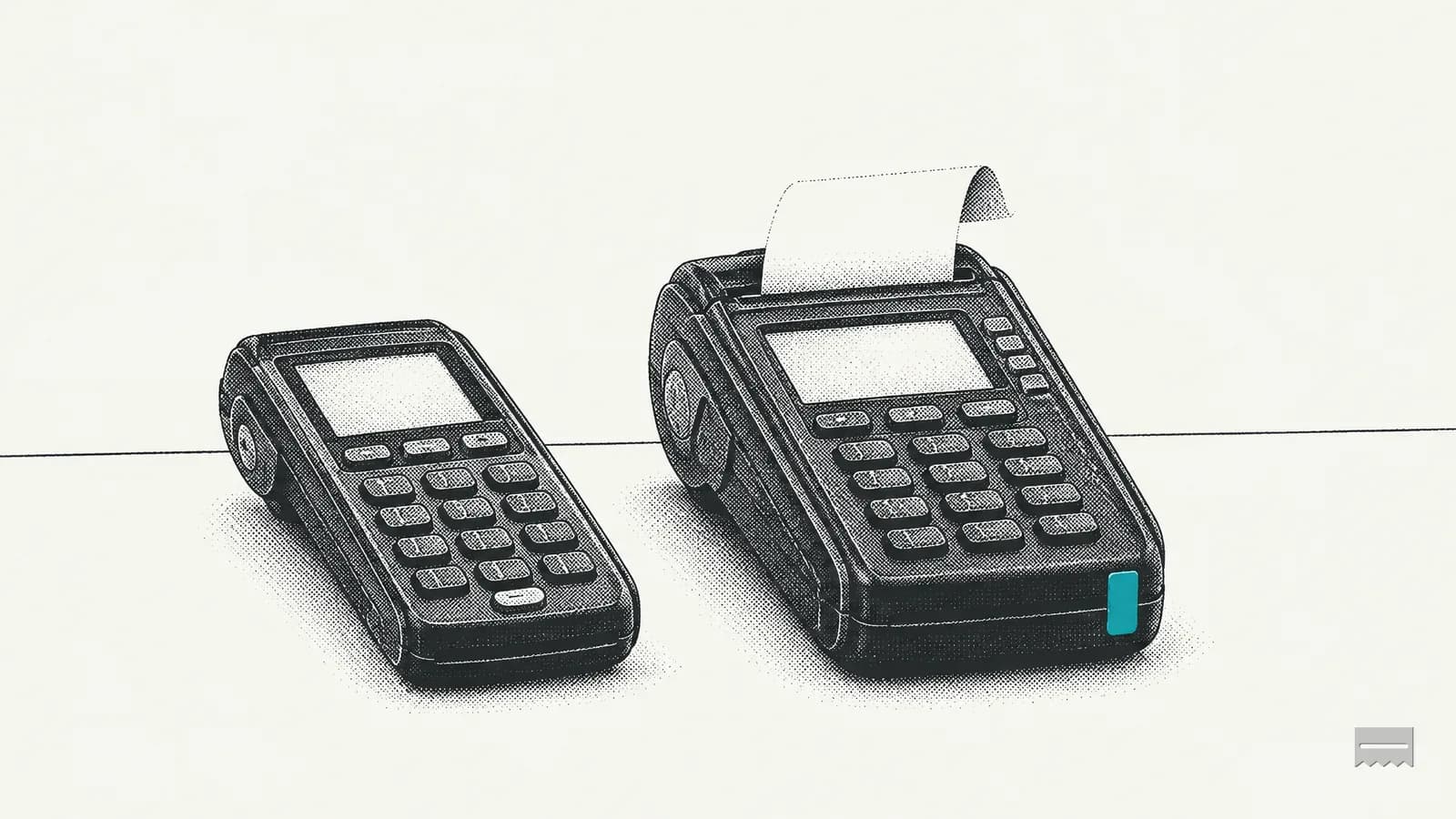 Dithered print of two different card terminals side by side on a counter