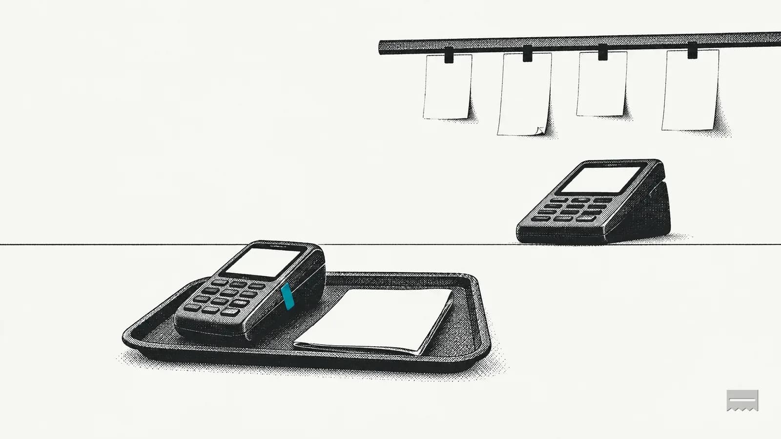 Dithered print of a handheld card terminal on a serving tray beside a blank guest check, with a counter terminal and kitchen tickets behind