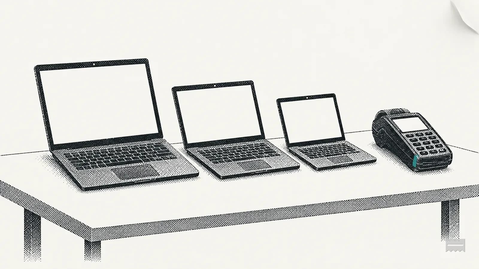 Dithered print of three laptops of different sizes in a row with a card terminal at the end