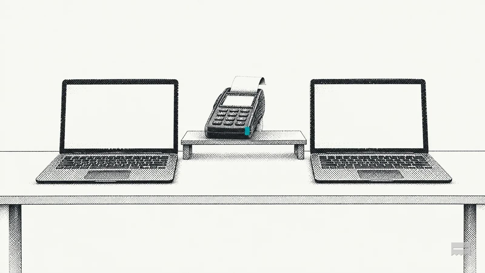 Dithered print of two open laptops on a desk with a card terminal between them