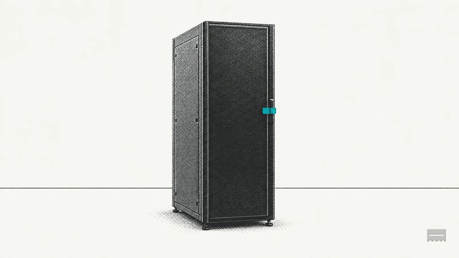 Dithered print of a server rack with a long blank paper list draped over it