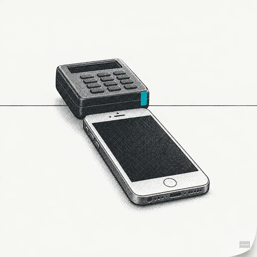 Dithered print of a card reader clipped to a phone
