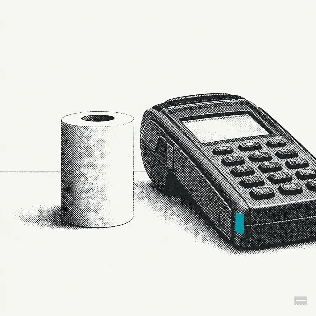 Dithered print of a receipt roll standing beside a card terminal