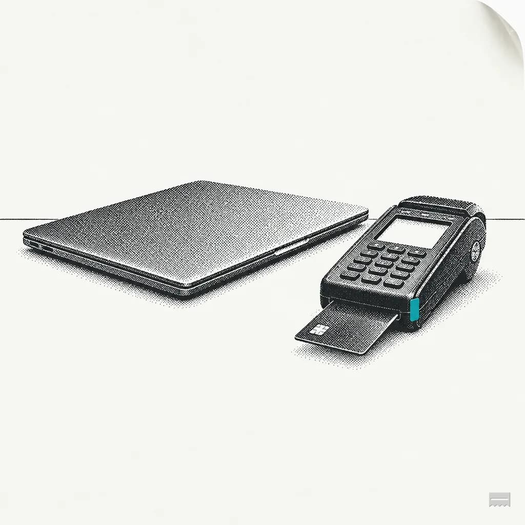 Dithered print of a closed laptop beside a card terminal
