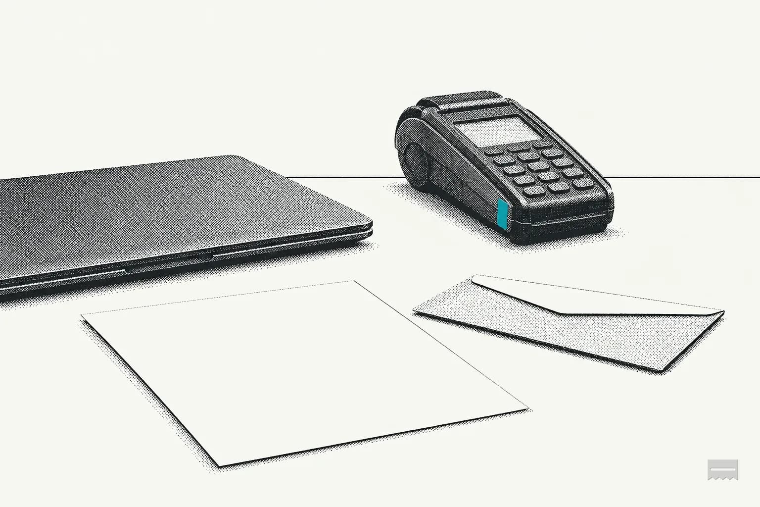 Dithered print of a blank form and an envelope beside a closed laptop