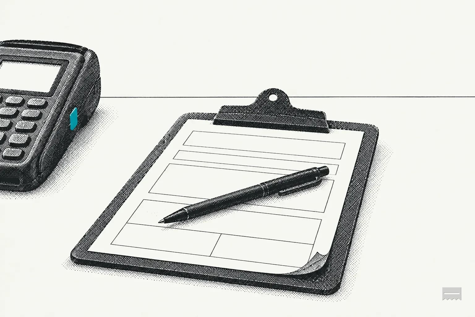 Dithered print of a blank paper form on a clipboard with a pen