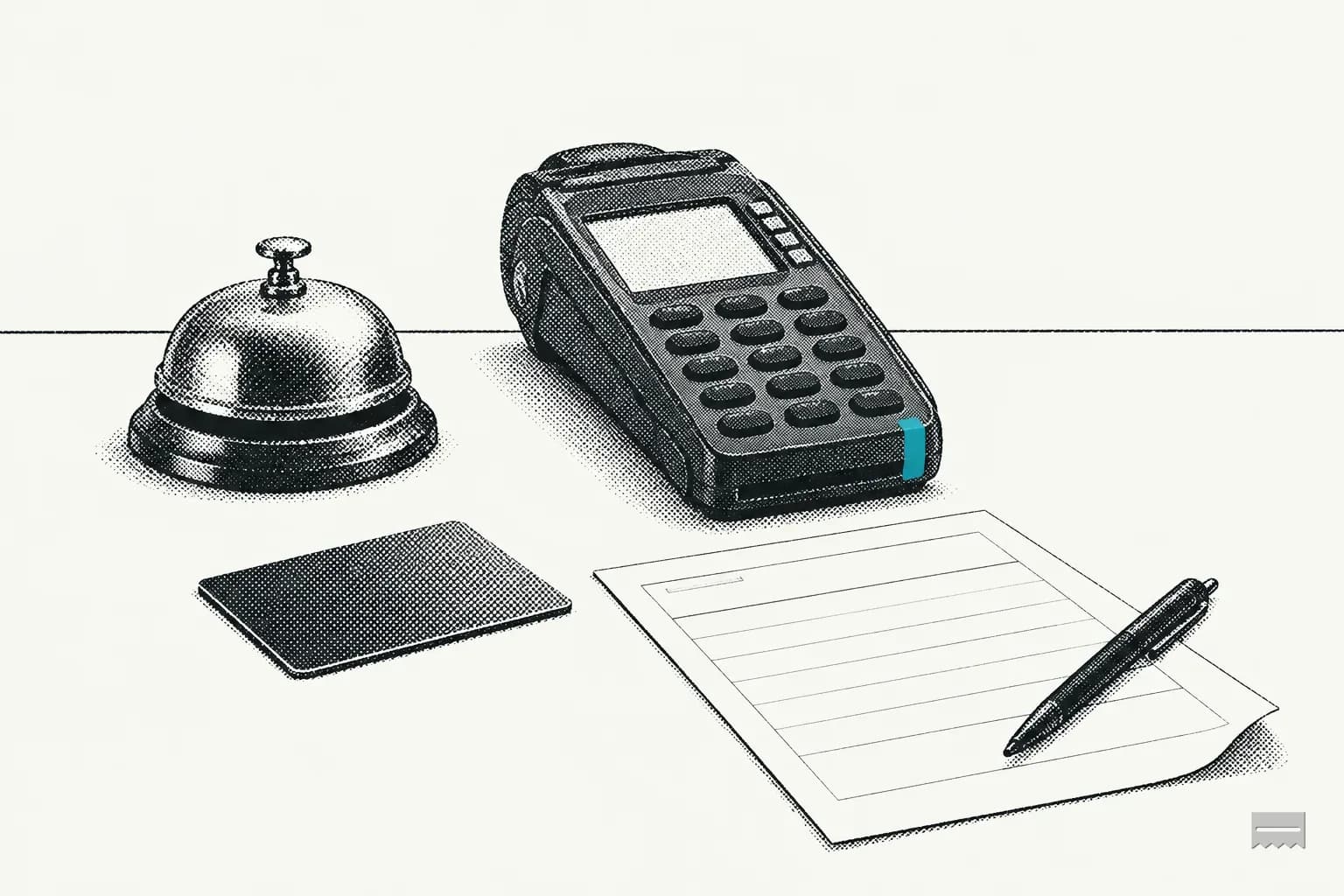 Dithered print of a front desk with a service bell, a key card, a card terminal and a blank form with a pen