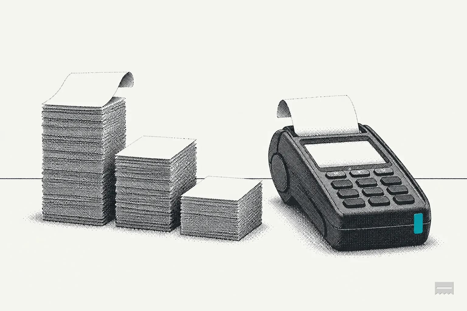 Dithered print of three receipt stacks of different heights beside a card terminal