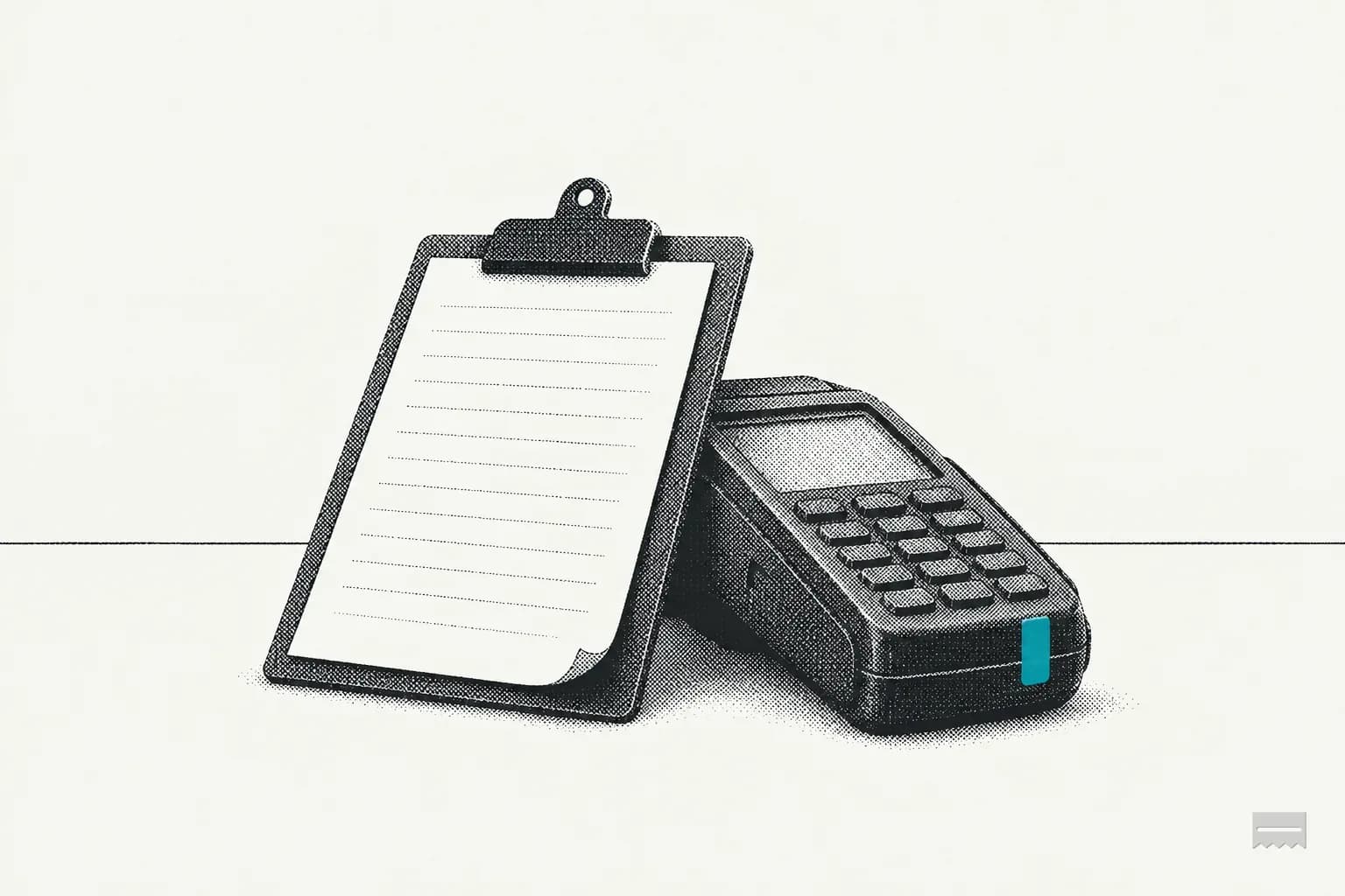 Dithered print of a clipboard with a blank sheet leaning on a card terminal