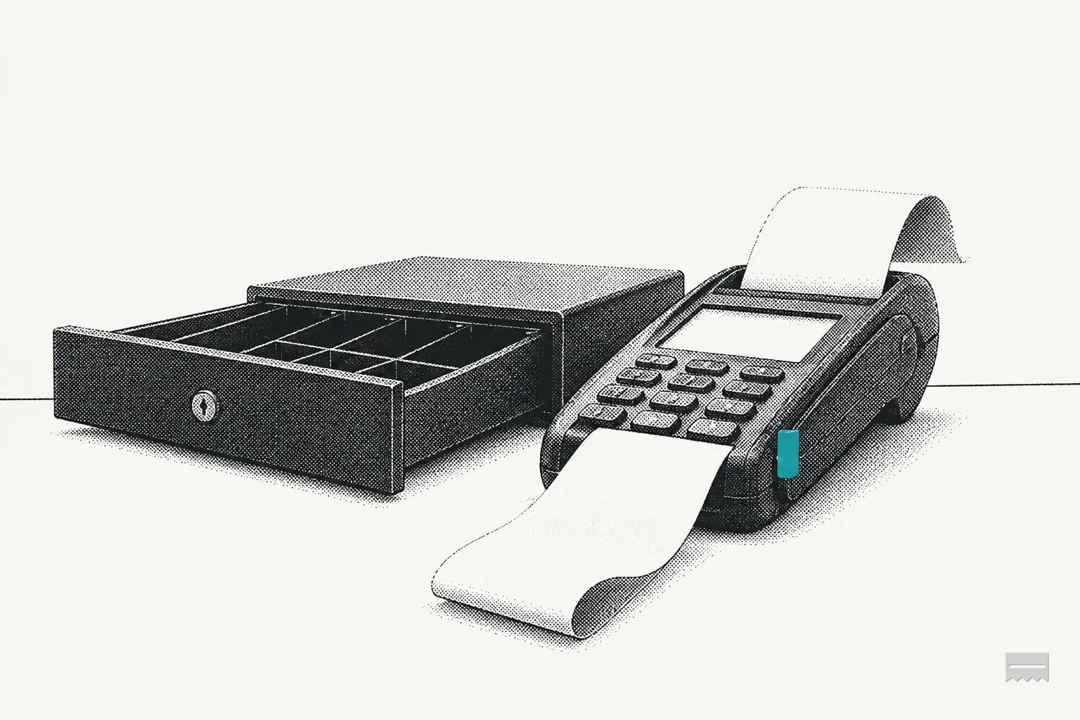 Dithered print of an open empty till drawer beside a card terminal printing a receipt