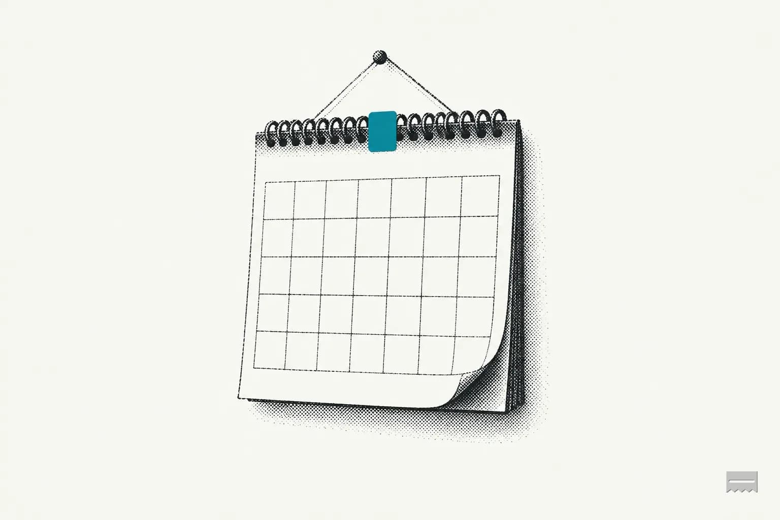 Dithered print of a blank spiral-bound wall calendar hanging from a nail