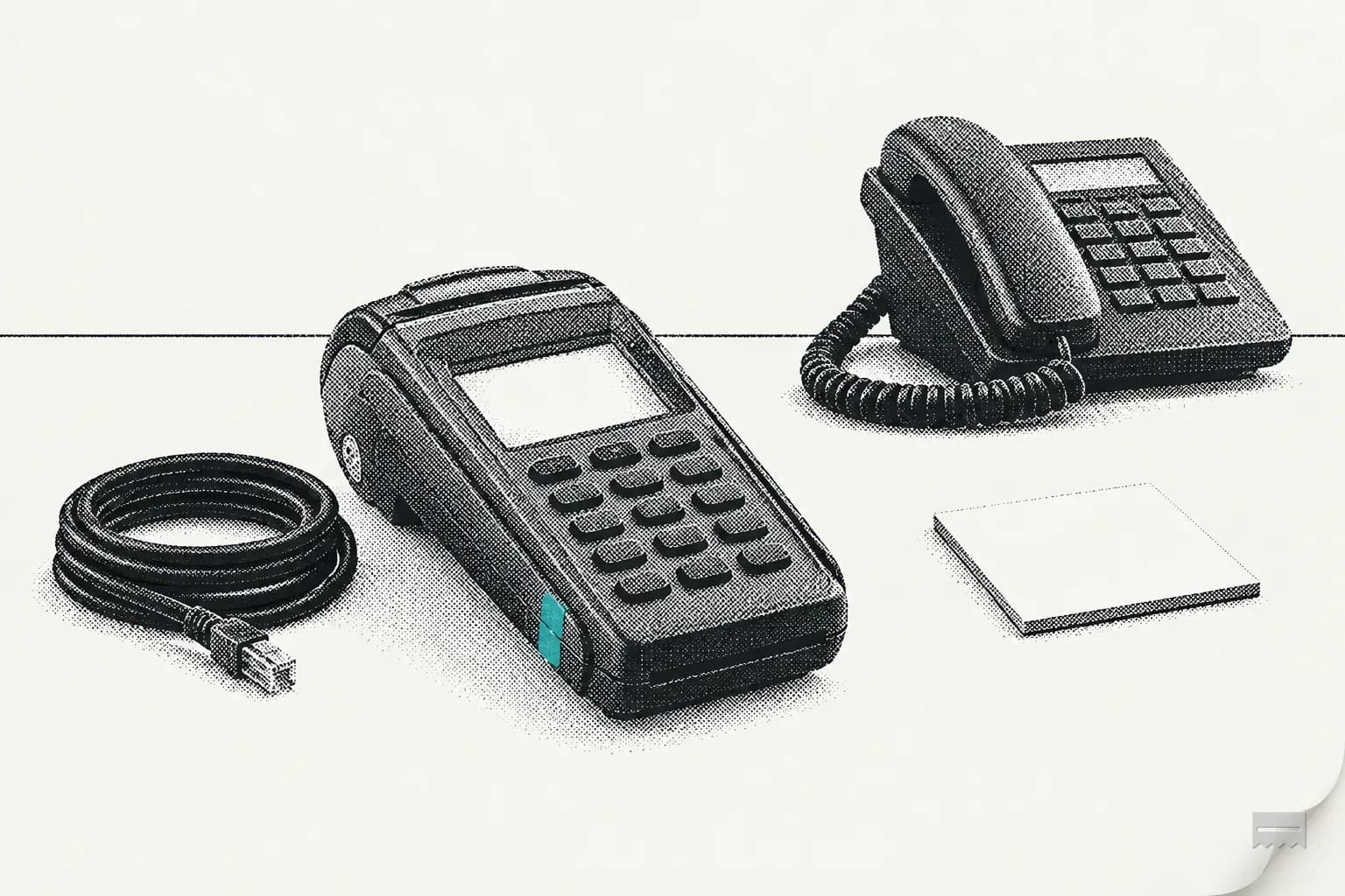 Dithered print of an unplugged card terminal with a coiled cable beside a desk phone