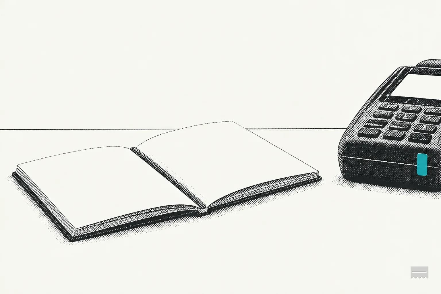 Dithered print of an open booklet with blank pages beside a card terminal
