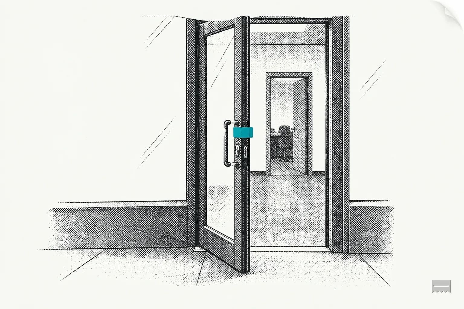 Dithered print of an open glass shop door, looking through to a back office