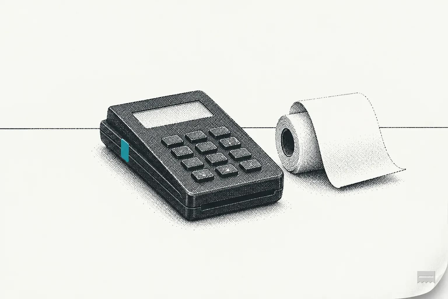 Dithered print of a PIN pad and a receipt roll on a counter